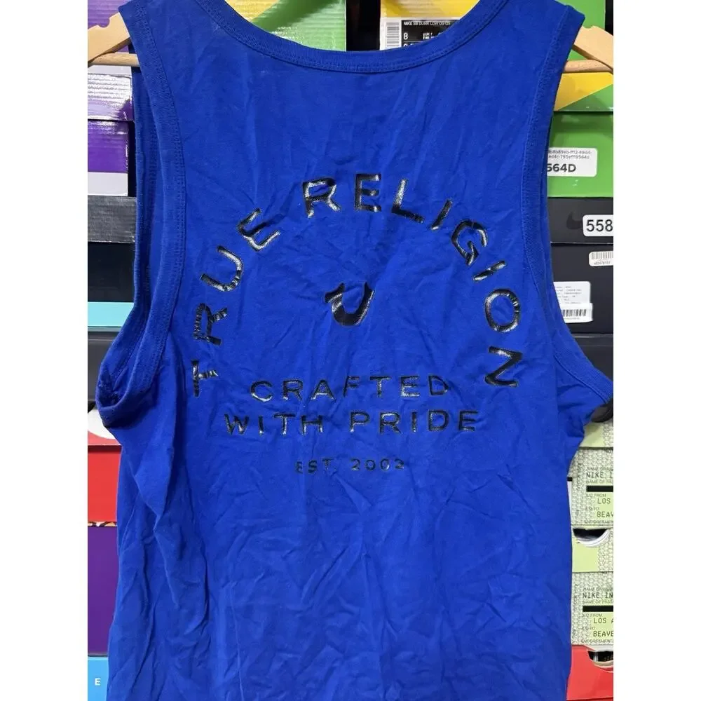 True Religion Sleeveless T-Shirt Blue Black Tank Top Logo Men Size Medium